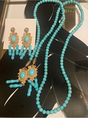 1928 Turquoise Beaded Lariot and Earring Set - Antique Gold Accents